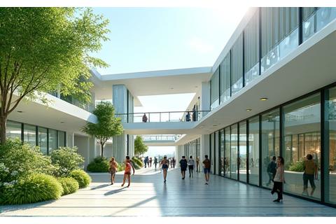 Architectural rendering of a futuristic, green recreation facility with smart technology elements.