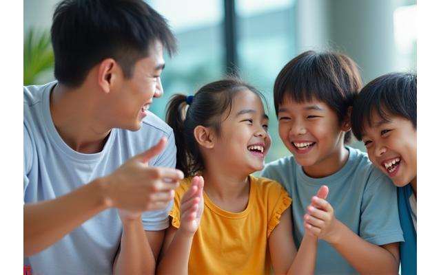 Happy family laughing together in a recreational setting, symbolizing family wellness.