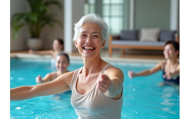 An active senior citizen participating in a group fitness class, emphasizing elderly empowerment.