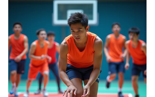 A group of enthusiastic young athletes training on a sports court, showcasing youth development.
