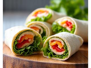 Freshly made sandwich wraps with colorful fillings, neatly cut in half and arranged for easy picking up.