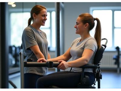 An individual using an adapted seated press machine, smiling and exercising with a personal trainer assisting.