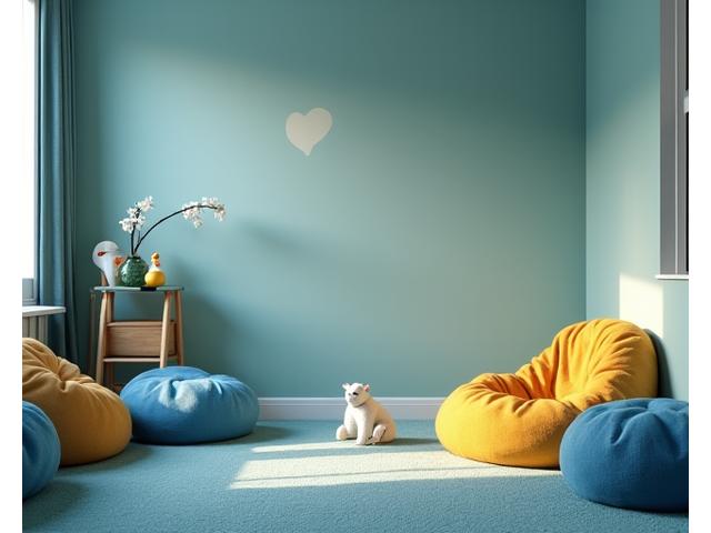 A calm, inviting sensory room with soft lighting, weighted blankets, and tactile toys, designed for regulation.