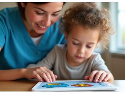 A staff member assisting a child with a visual communication board, fostering clear and effective interaction.