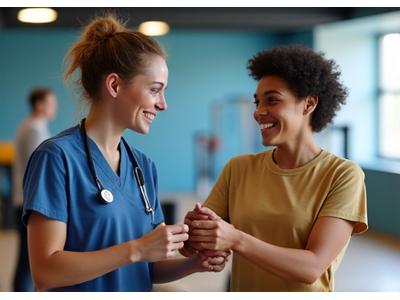 A certified therapeutic recreation specialist engaging with a participant, demonstrating a supportive and friendly interaction.
