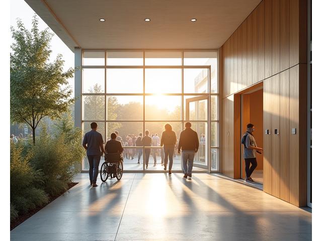Wheelchair accessible ramp leading to a bright, spacious community center entrance, demonstrating universal design and inclusive architecture.