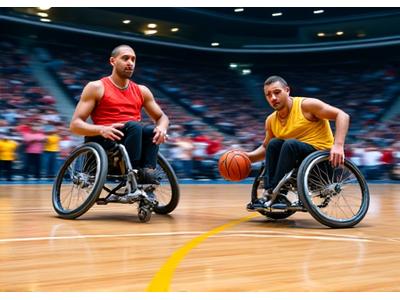 Dynamic shot of wheelchair basketball players in action on a court, demonstrating competitive spirit and teamwork.