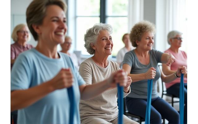 A group of smiling seniors engaged in a chair-based exercise class, demonstrating good posture with resistance bands.
