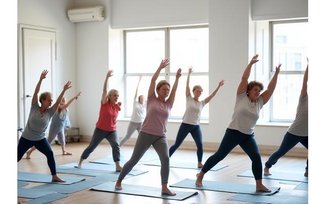 A diverse group of seniors stretching gently on yoga mats in a spacious, bright studio.